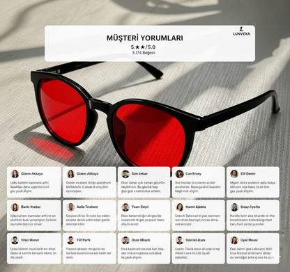 LUNVEXA Kırmızı Lens Mavi Işık Filtreli Unisex Gözlük